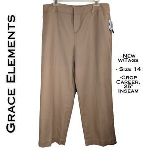 Grace Elements Dress Pants 14 Dark Tan High Rise Straight Cropped Stretch NEW
